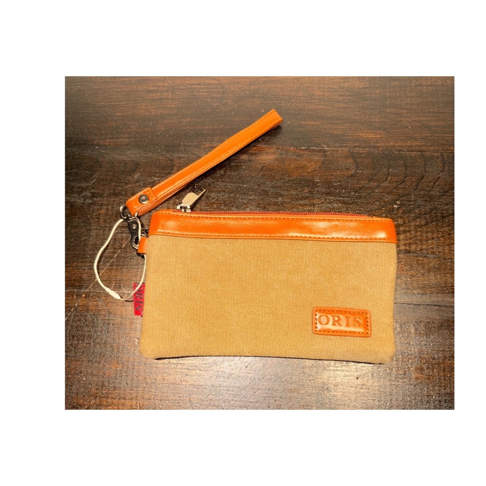 Oris Tan‎ Canvas Wristlet Pouch Tan Trim Front Zip Pocket Detachable Strap